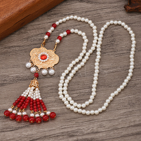 Ancient Style 6mm Imitation Pearl Round Beaded Alloy Cloud Pendant Hanfu Long Necklaces UX7679-2-1