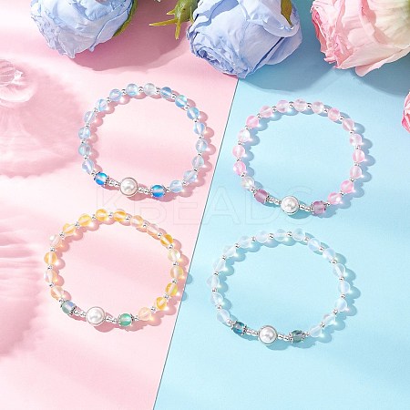 4Pcs 4 Colors Synthetic Frosted Moonstone Round Beaded Stretch Bracelets BJEW-JB11878-1