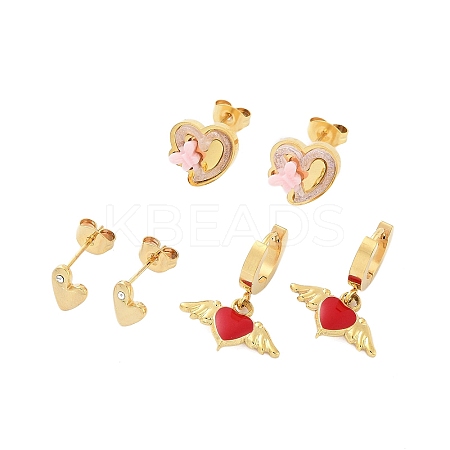 Ion Plating(IP) 3Pairs 3 Styles 304 Stainless Steel Heart Earrings EJEW-A114-03G-1