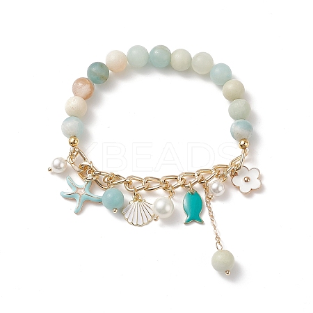 Natural Flower Amazonite & Shell Pearl Beaded Stretch Bracelet BJEW-TA00196-1