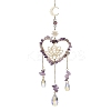 Natural Amethyst Chip & Brass Heart & Lotus Hanging Ornaments HJEW-TA00257-1