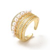 Clear Cubic Zirconia Multi Line Open Cuff Ring with Plastic Pearl Beaded RJEW-I092-12G-1