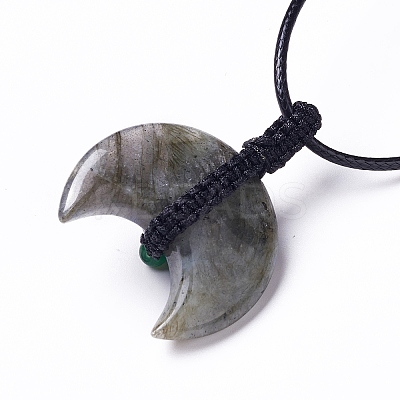 Adjustable Natural & Synthetic Mixed Gemstone Double Horn Pendant Necklace with Wax Cord for Women NJEW-B086-01-1