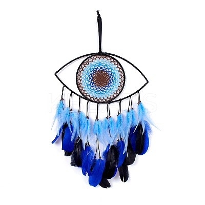 Handmade Evil Eye Woven Net/Web with Feather Wall Hanging Decoration HJEW-K035-07-1