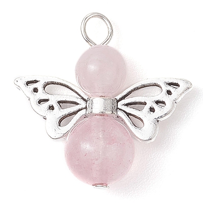 Natural Green Aventurine/Rose Quartz/Tiger Eye/Carnelian/Amethyst/Lava Rock Heart Angel Pendants PALLOY-JF03186-02-1