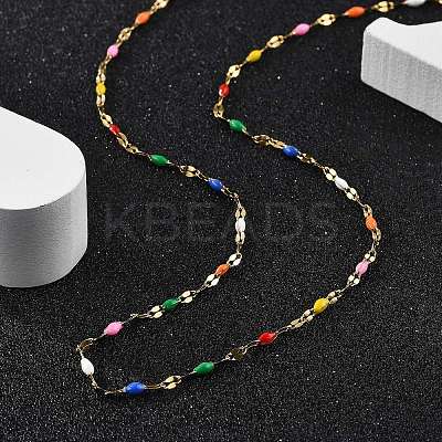 Colorful Enamel Oval & Dapped Link Chain Necklace NJEW-Q315-01G-1