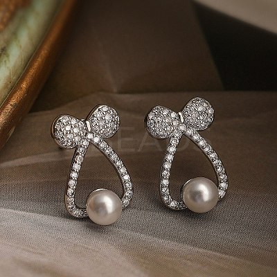 Bowknot Brass Micro Pave Clear Cubic Zirconia Stud Earrings LS-EJEW-A110-06P-1