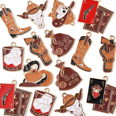 18Pcs 9 Styles Western Cowboy Hat Boots Money Bag Skull Alloy Enamel Pendants FIND-FS0003-91-1
