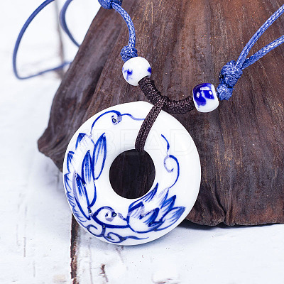 Retro Ethnic Porcelain Pendant Adjustable Polyester Cord Necklaces for Women FS-WGD020A-04-1