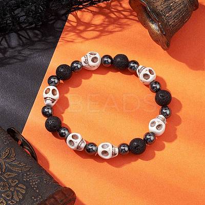 Halloween Skull Synthetic Turquoise & Round Lava Rock & Synthetic Non-Magnetic Hematite Beaded Stretch Bracelets for Women BJEW-JB10656-01-1