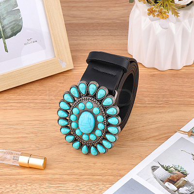 1Pc Black PU Leather Belts with Alloy Acrylic Imitaiton Turquoise Flower Clasps for Women AJEW-CL0001-38-1