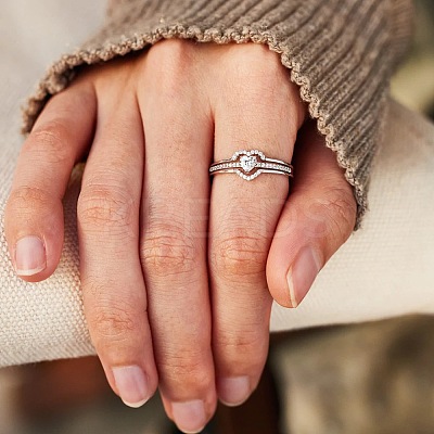 2Pcs Heart 925 Sterling Silver Micro Pave Clear Cubic Zirconia Finger Rings for Women FS-WG4005F-03-1