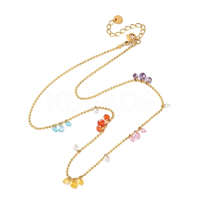 304 Stainless Steel Ball Chain Colorful Cubic Zirconia Flat Round Tassel Necklaces for Women NJEW-A051-03G-01-1