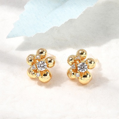 Flower Brass Micro Pave Clear Cubic Zirconia Stud Earrings EJEW-B148-01G-1