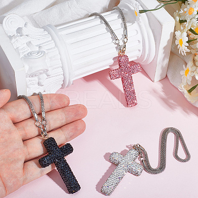 Polymer Clay Rhinestone Cross Pendant Alloy Chain Necklaces NJEW-CN0001-16B-1