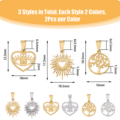 12Pcs 6 Style PVD Vacuum Plating 304 Stainless Steel Pendants STAS-DC0014-29-1