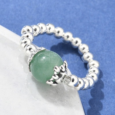 Platinum Tone Iron Bead Natural Mixed Stone Stretch Finger Rings RJEW-JR00142-1