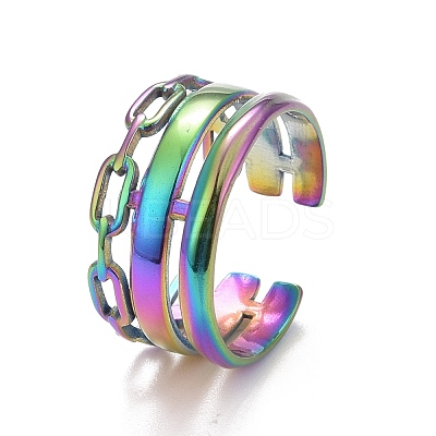 Ion Plating(IP) Rainbow Color 304 Stainless Steel Cable Chain Shape Open Cuff Ring for Women RJEW-C025-28M-1