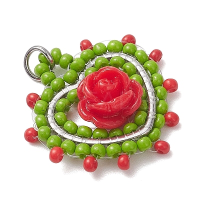 Glass Seed Beaded Heart with Rose Pendants PALLOY-MZ01030-05-1