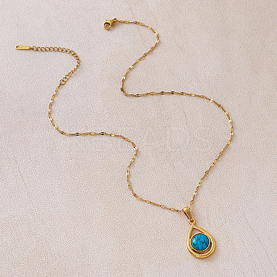 Vintage 304 Stainless Steel & Dyed Synthetic Turquoise Teardrop Pendant Necklaces for Women IA9439-1