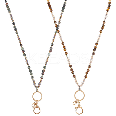 Natural African Bloodstone & Natural Tiger Eye & Glass Retractable Badge Reel with Chains HJEW-SC00158-1