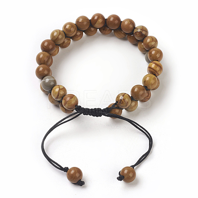 Adjustable Natural Petrified Wood Braided Bead Bracelets BJEW-E351-01H-1