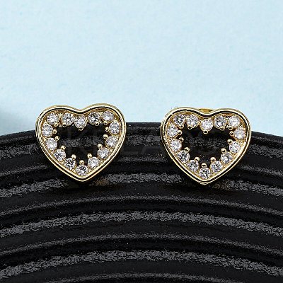 Brass Micro Pave Clear Cubic Zirconia Heart Stud Earrings EJEW-K267-29G-1