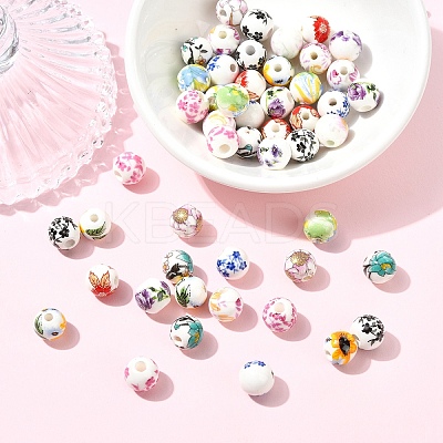 50Pcs 10 Colors Floral Printed Porcelain Beads PORC-YW0001-57-1
