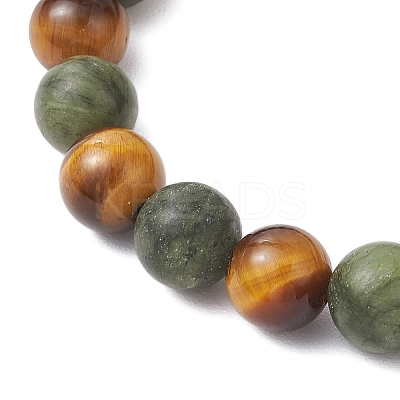 Natural Tiger Eye & Chinese Southern Jade Round Beaded Stretch Bracelets for Men Women BJEW-JB12016-1