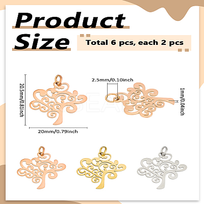 6Pcs 3 Colors 304 Stainless Steel Pendants STAS-LP0004-37-1