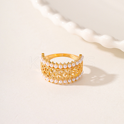 Hollow Brass with ABS Imitation Pearl Beads Wide Band Rings for Women OP9708-1-1