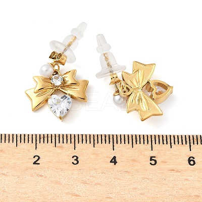 304 Stainless Steel Micro Pave Cubic Zirconia Bowknot Dangle Stud Earrings LS-EJEW-U065-03G-01-1