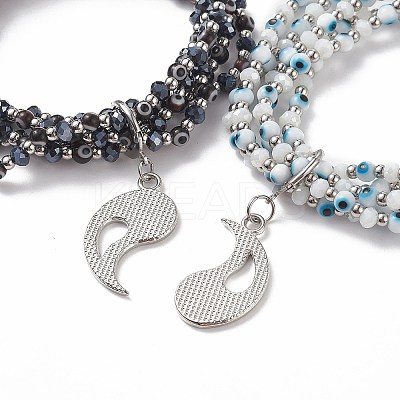 2Pcs 2 Color Lampwork Evil Eye & Glass Stretch Multi-strand Bracelets Set BJEW-JB08785-1