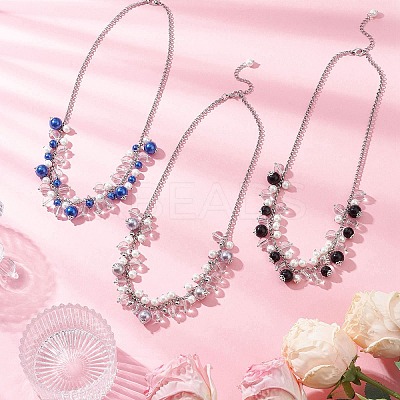 3Pcs 3 Colors Round Glass Beaded Bib 304 Stainless Steel Rolo Chain Necklaces NJEW-JN05359-1