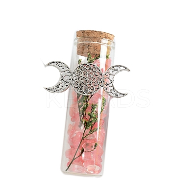 Cherry Quartz Glass Chip Healing Crystals Wishing Bottles with Alloy Triple Moon Decor PW-WGD8D42-01-1