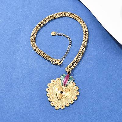 304 Stainless Steel Enamel Heart Pendant Wheat Chain Necklaces NJEW-P430-04A-G-1