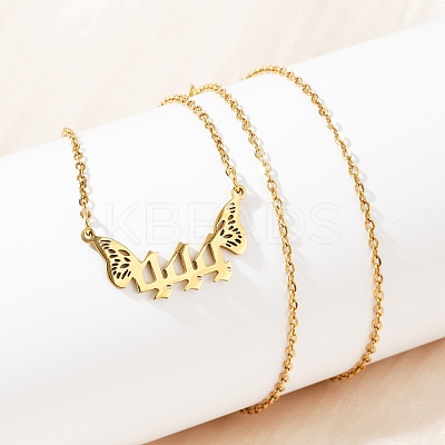 201 Stainless Steel Number 444 with Butterfly Wings Pendant Necklaces LS-NJEW-P332-01B-G-1