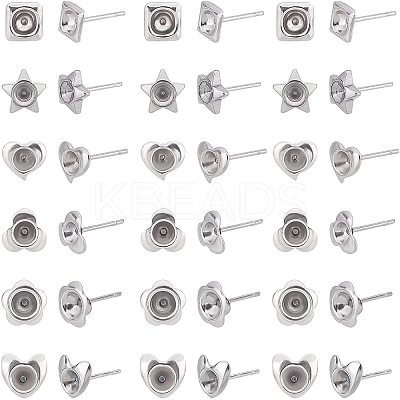 120Pcs Heart & Flower & Star & Square 304 Stainless Steel Ear Stud Components STAS-UN0026-39-1