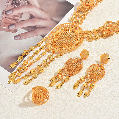 Vintage Alloy Hollow Teardrop Tassel Earrings & Necklaces & Rings Set for Wwomen YJ4810-1