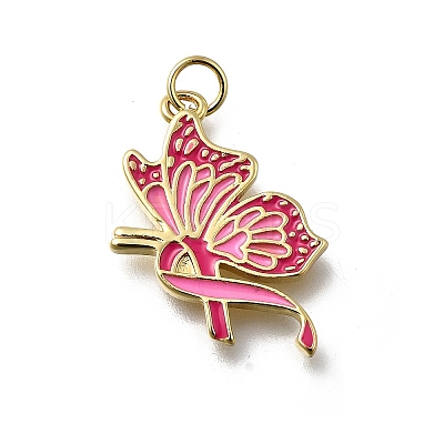 October Breast Cancer Pink Awareness Ribbon Brass Enamel Pendants KK-G525-10G-07-1