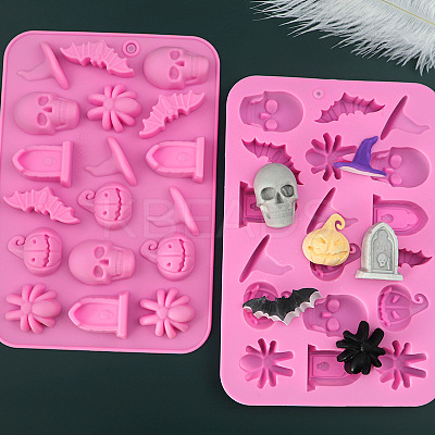 Halloween Theme Tombstone/Skull/Bat Cake Decoration Food Grade Silicone Molds DIY-E067-04-1