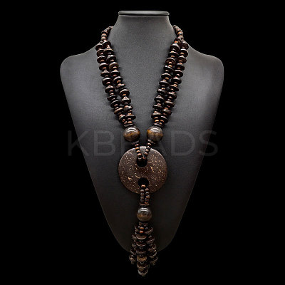 Boho Coconut & Wood Handmade Ethnic Donut Pendant Long Tassel Beaded Necklaces for Beach Vacation WGD9A0D-01-1
