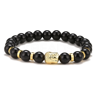 Synthetic Black Stone & Alloy Buddha Head Beaded Strech Bracelets BJEW-JB09420-02-1