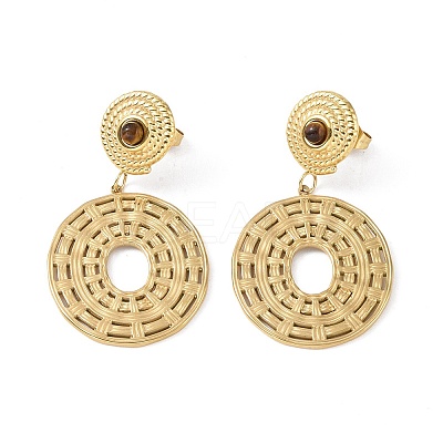Natural Tiger Eye & 304 Stainless Steel Rope Disc Dangle Stud Earrings for Women EJEW-G390-05G-01-1