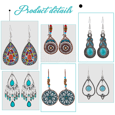 10 Pairs 10 Style Synthetic Turquoise Teardrop & Flat Round & Fan Dangle Earrings EJEW-FI0001-45-1
