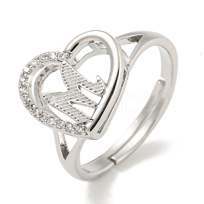 Heart with Letter Rack Plating Brass Micro Pave Cubic Zirconia Adjustable Rings for Women RJEW-I105-06P-M-1