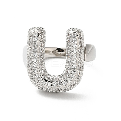 Letter Brass Micro Pave Clear Cubic Zirconia Open Cuff Ring for Women RJEW-N046-03U-P-1