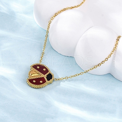 304 Stainless Steel Dark Red Enamel Ladybug Pendant Cable Chain Necklaces for Women NJEW-U032-07G-01-1