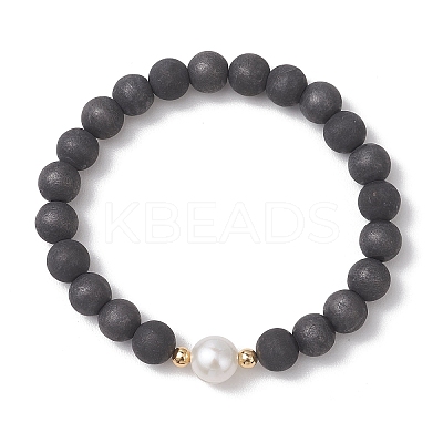 Natural Shungite & Cultured Freshwater Pearl Round Beaded Stretch Bracelets for Women BJEW-JB13321-02-1