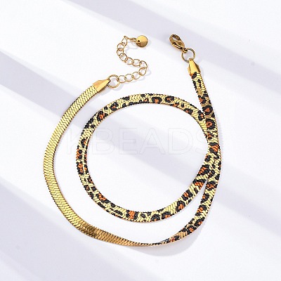 304 Stainless Steel Leopard Print Flat Snake Chain Necklaces for Women NJEW-A044-02B-G-01-1